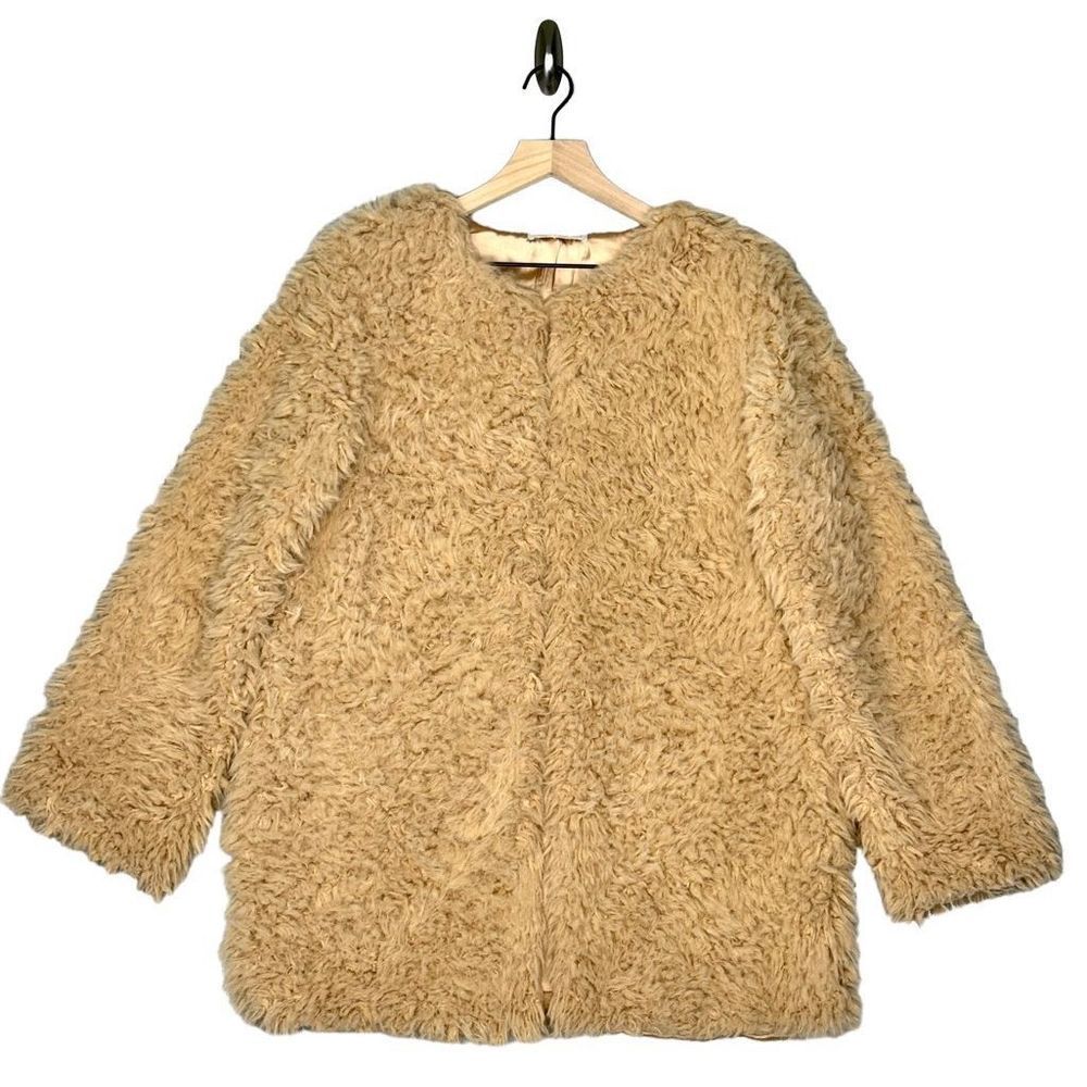 Chelsea & Violet Furry Flowers Camel Fluffy Teddy Bear Cardigan Satin Line Sz XL